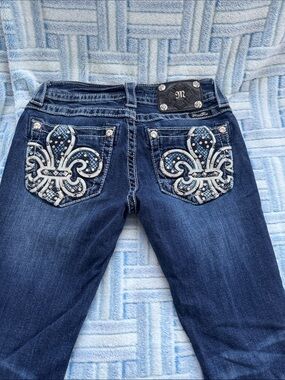 Miss Me Dark Blue Boot Cut Jeans with Embellished Fleur-de-Lis Pockets